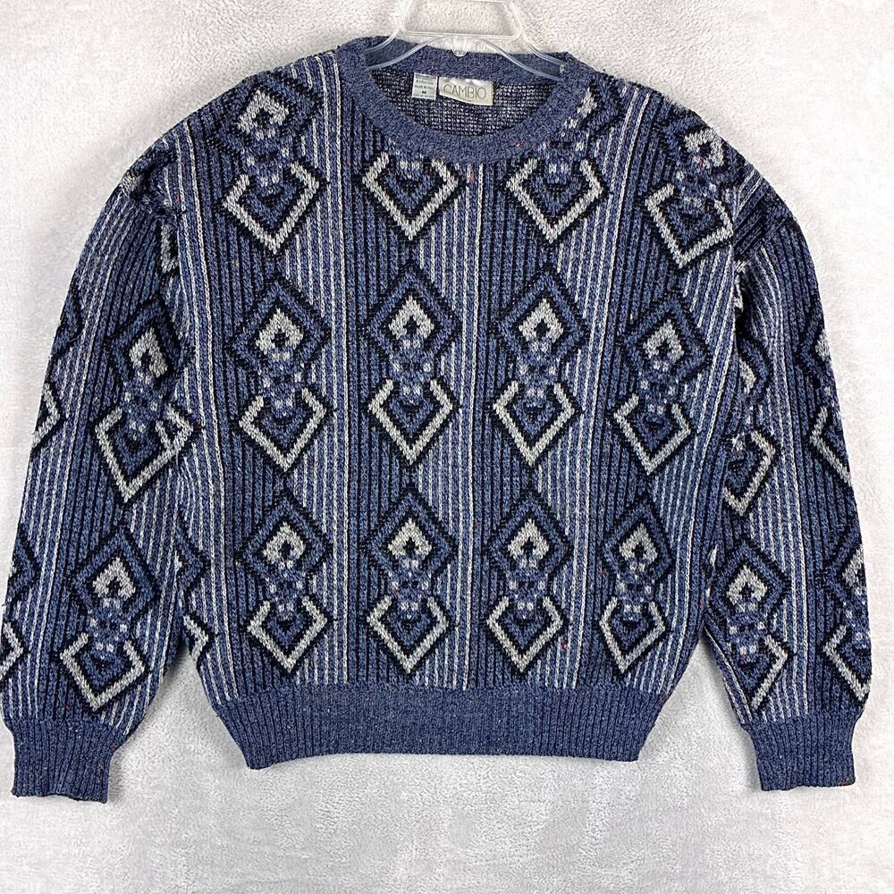 Vintage Cambio Italia Sweater Mens M Blue Geometric Wool Rayon Blend 80s Italy